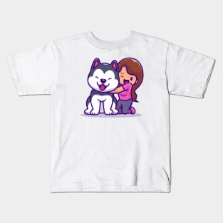 Cute Girl With Husky Dog Kids T-Shirt